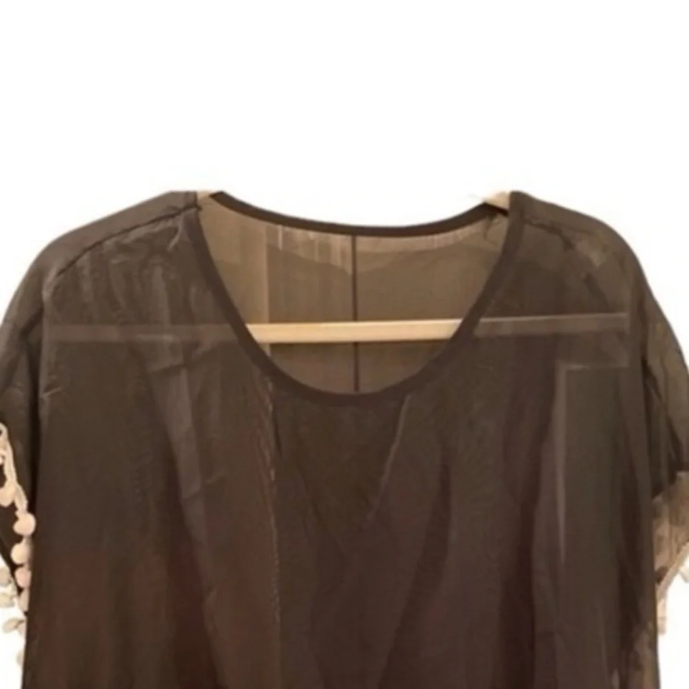 Black Bathing suit flirty coverup with pompon trims one size fits most
